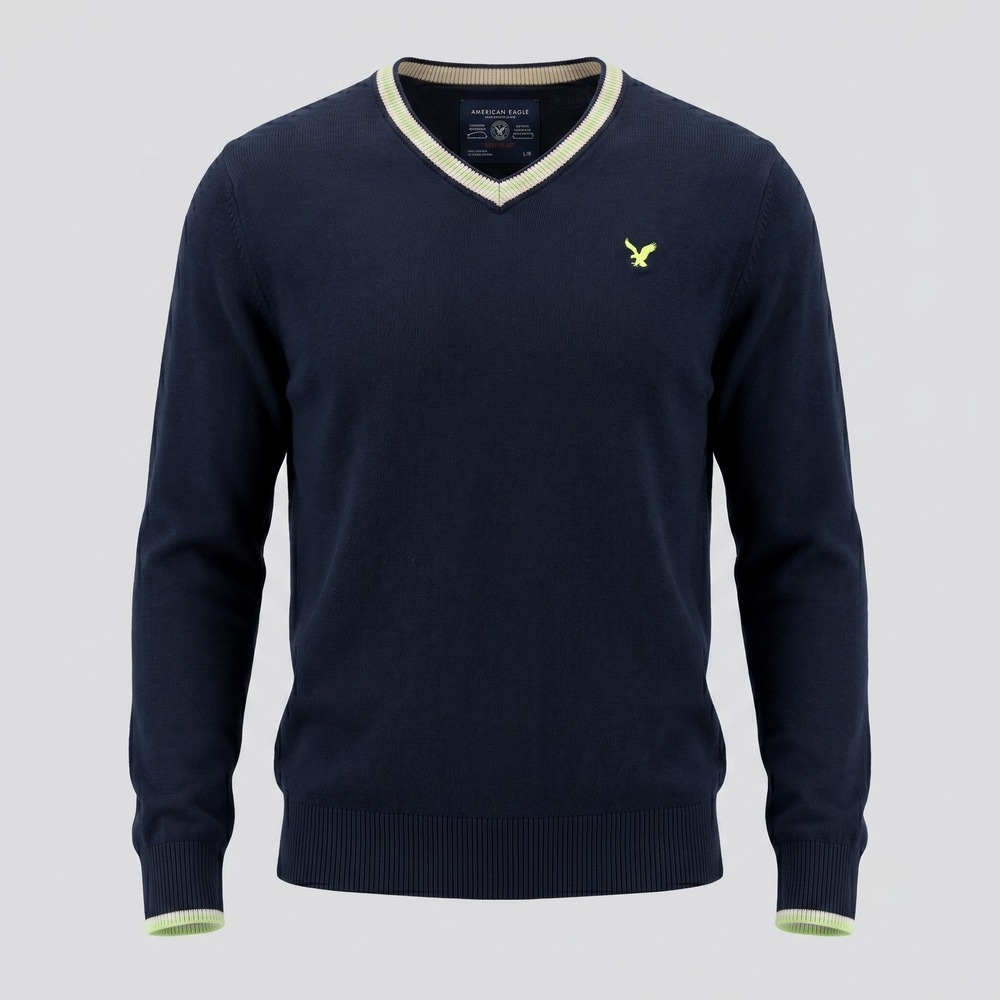 American Eagle Mens Large Navy Blue Sweater Athletic Fit V-Neck Neon Logo
